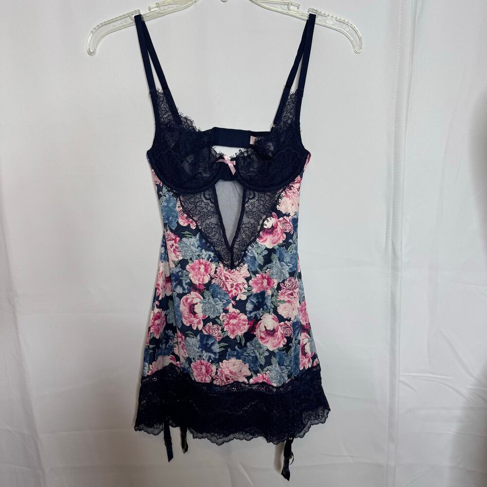 Victoria’s Secret XS Floral Lace Lingerie Garter Slip Babydoll Navy Pink